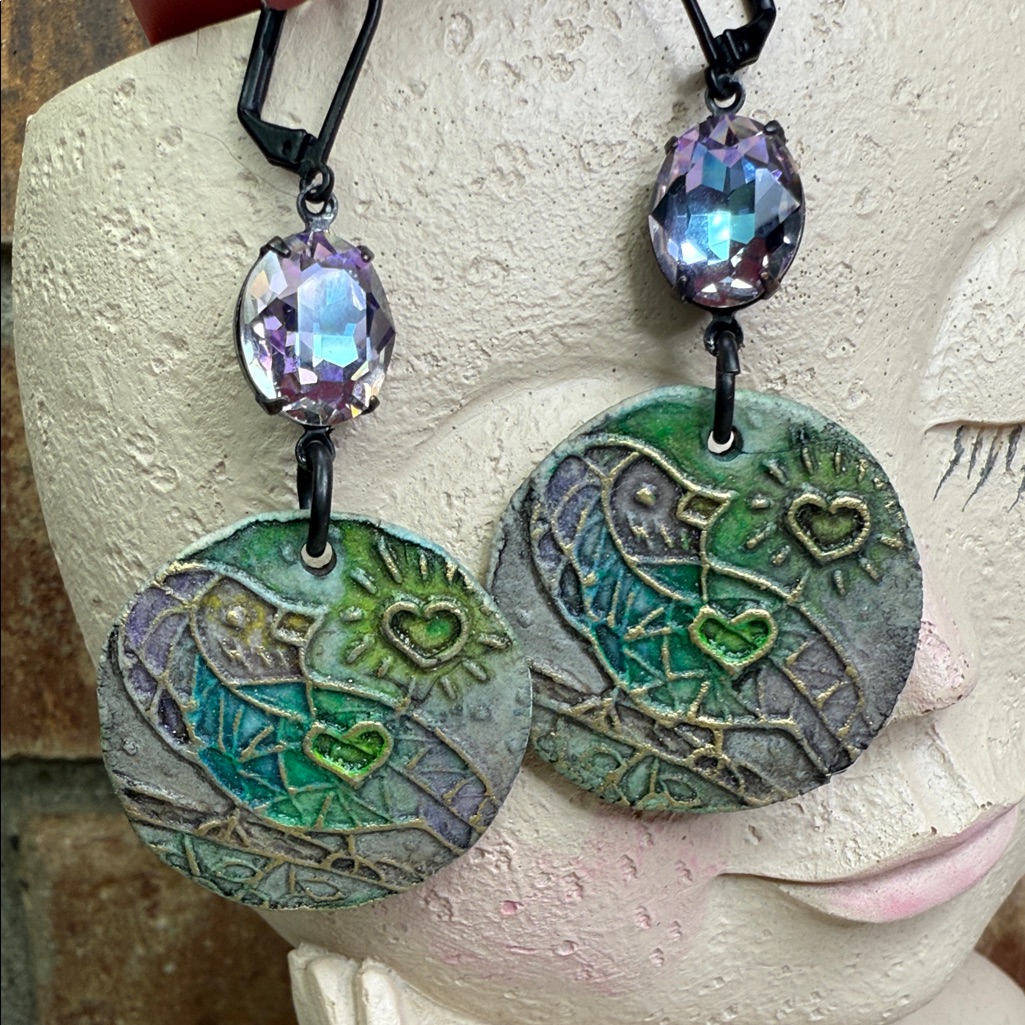 Tribal Love Bird Ceramic Round Green And Purple Earrings & Rhinestones
